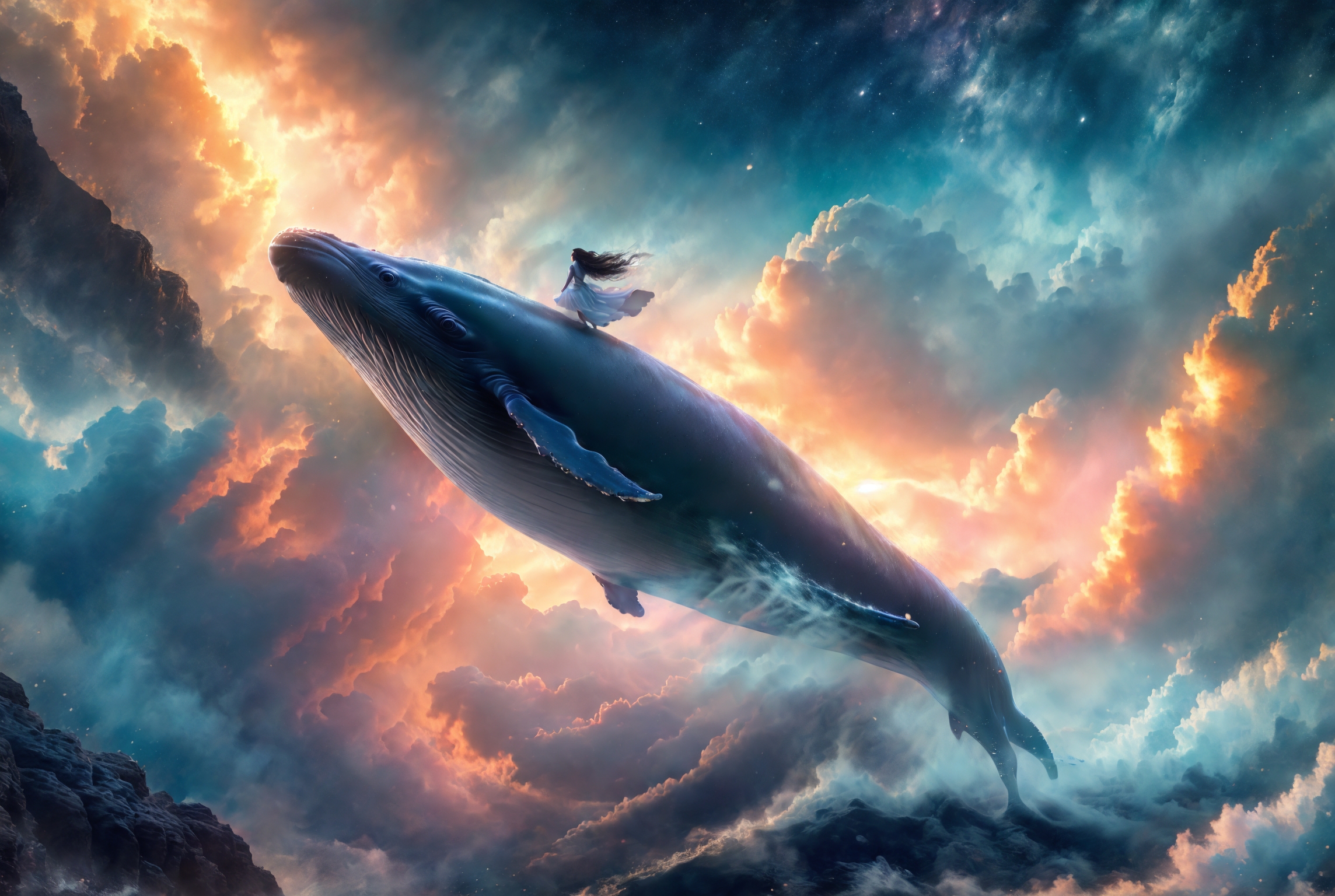 606247209521970390-3910807618-xuer Big whale, 1girl, whale, sky, long hair, star _(sky_), solo, dress, standing, starry sky, cloud, scenery, oversized animal,.jpg